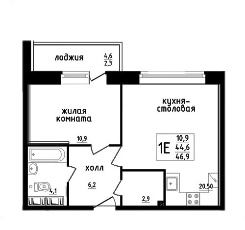Двухкомнатная квартира (Евро) 48.1 м²