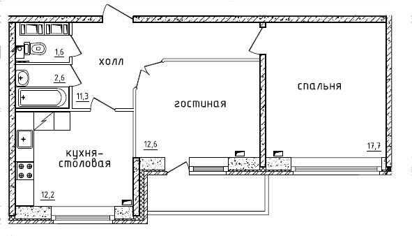 Двухкомнатная квартира 60.6 м²