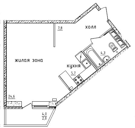 Студия 44.2 м²