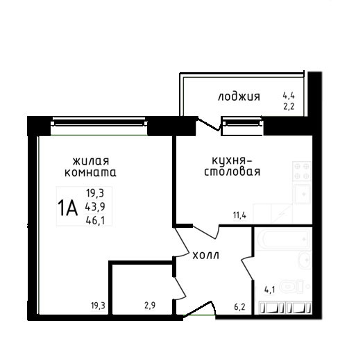 Однокомнатная квартира 46.8 м²