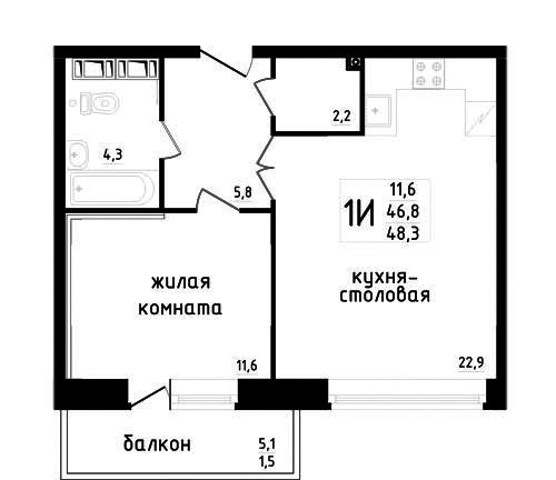 Двухкомнатная квартира (Евро) 49 м²
