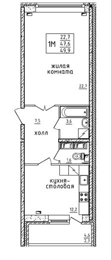 Однокомнатная квартира 50.4 м²