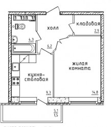 Однокомнатная квартира 39.8 м²