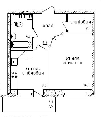 Однокомнатная квартира 39.6 м²