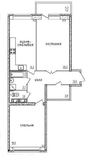 Двухкомнатная квартира 78.2 м²