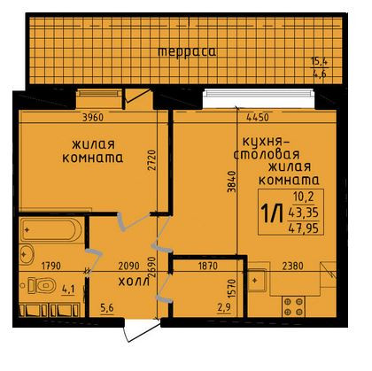 Однокомнатная квартира 49.1 м²