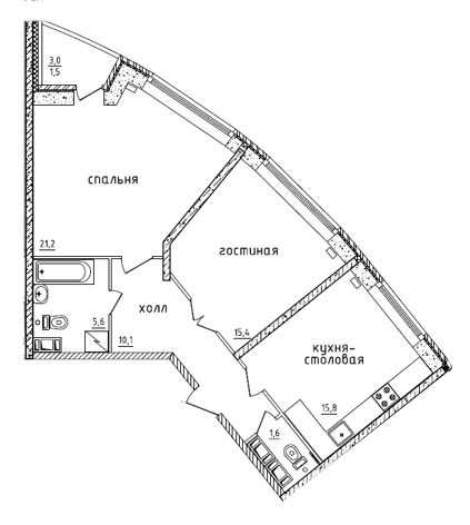 Двухкомнатная квартира 71.3 м²