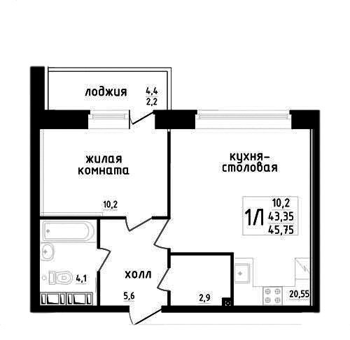 Двухкомнатная квартира (Евро) 47 м²