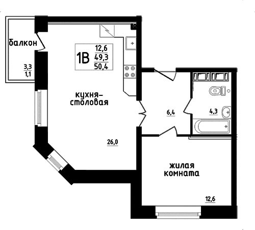 Двухкомнатная квартира (Евро) 51.1 м²