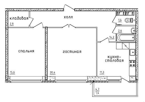 Двухкомнатная квартира 70.3 м²