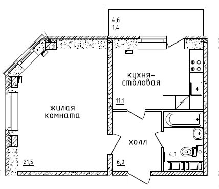 Однокомнатная квартира 45 м²