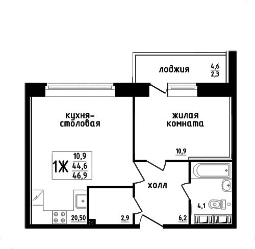 Двухкомнатная квартира (Евро) 48.2 м²