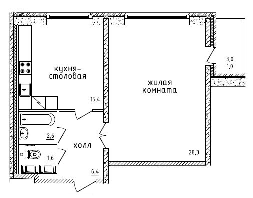 Однокомнатная квартира 56.4 м²