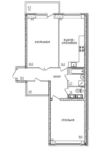 Двухкомнатная квартира 77.8 м²