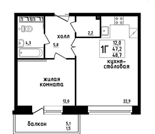 Двухкомнатная квартира (Евро) 49 м²